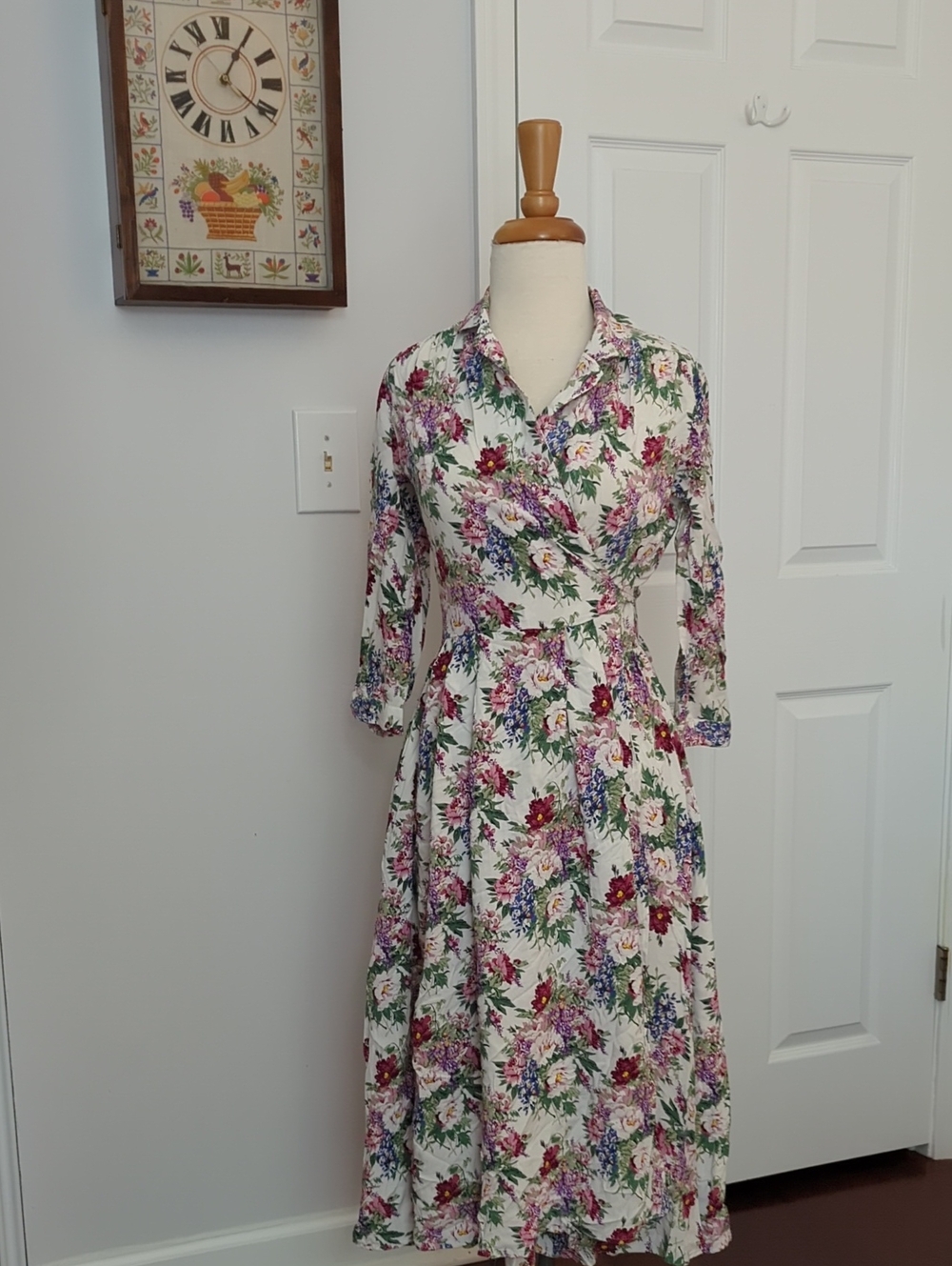 Mango White Floral Wrap Midi Dress with Pink, Purple & Green Print